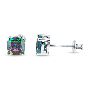 Solitaire Screw Back Stud Earring Excellent Cushion Cut Simulated Rainbow CZ Solid 925 Sterling Silver